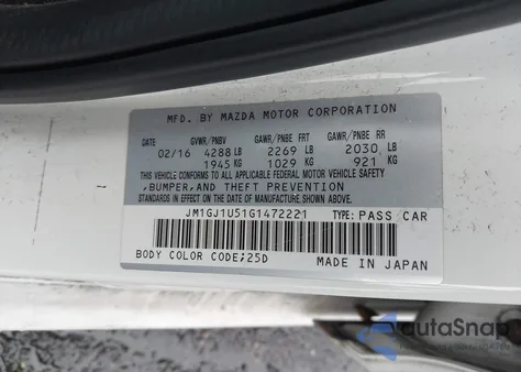 2016 Mazda Mazda6 from USA, damaged, VIN JM1GJ1U51G1472221